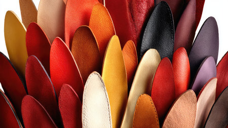 An abstract arrangement presents a collection of colorful leather samples, featuring a variety of hues from yellows and oranges to reds and blacks. The textures are smooth and varied, with soft lighting enhancing the details against a plain white backdrop. These samples could be suited for design or fashion projects.の素材