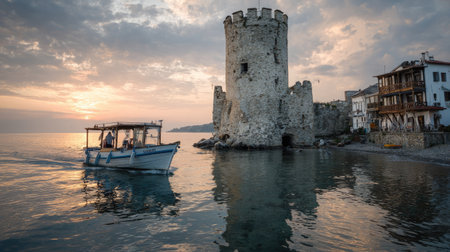 A small boat floats near a weathered stone tower situated on calm water. The image displays a warm color palette of oranges and blues from the setting sun and sky. The scene evokes a sense of history and tranquility, suitable for editorial or commercial applications.の素材