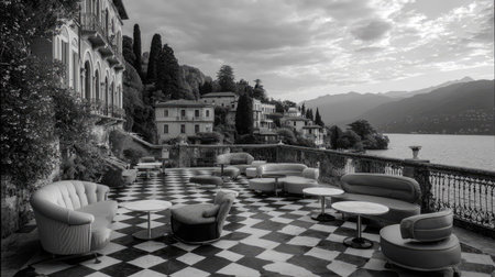 A grayscale image depicts a terrace furnished with various seating arrangements, including sofas and armchairs, around small tables. The composition features a checkered floor. In the background, buildings line the elevated terrain, overlooking a calm body of water beneath an overcast sky. Suitable for editorial and commercial applications.の素材