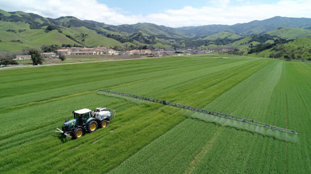 An agricultural tractor sprays a large green field under a bright daylight. The image features a wide composition with the tractor in operation, showcasing the process. The landscape suggests a rural environment with mountains in the background. This image is suitable for illustrating farming practices, agricultural technology, or environmental themes.の素材