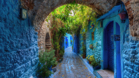 An arched walkway features textured blue walls and stone, leading the eye towards a sunlit opening. Lush greenery frames the archway, enhancing the natural light. This image, ideal for architectural or travel concepts, evokes a sense of exploration and visual interest for diverse editorial or commercial applications.の素材