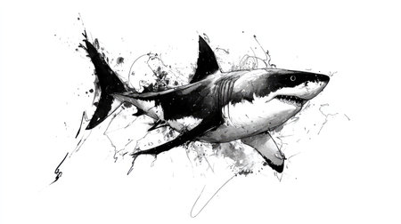 An illustrative depiction presents a shark rendered in monochrome tones against a plain white backdrop. The artwork displays dynamic brushstrokes and textured details that suggest movement. This image could be suitable for various design projects, editorial content, or illustrative purposes where a striking visual is needed.の素材