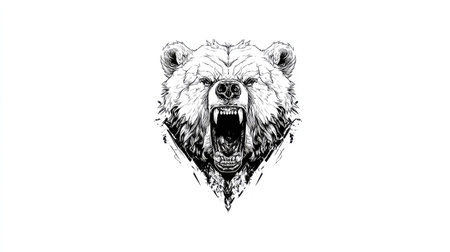 A black and white illustration presents a bear's head with open mouth and visible teeth. The artwork has a detailed, artistic style with sharp lines and textures. The composition is centered, set against a clean white backdrop, suitable for various design applications and commercial purposes.の素材