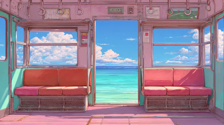 An anime-style train interior features open doors revealing a vibrant ocean vista. The image displays a playful color palette with pastel hues and a dreamy quality. Composition includes symmetrical elements, soft lighting, and a clear sky. Suitable for various design projects, illustrations, and creative visual communication.の素材