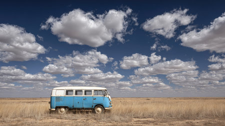 A vintage blue and white van stands in a vast, open field under a sky filled with fluffy white clouds. The scene is characterized by a warm, natural color palette, soft lighting, and a classic, vintage aesthetic. This image could be used for travel, adventure, or lifestyle concepts in a variety of commercial or editorial applications.の素材