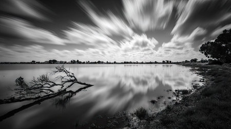 A serene black and white landscape shows clouds reflected on the water surface. The composition presents a long exposure effect, with a smooth, blurred sky. The image shows a tranquil environment, with soft, diffused light and an overall sense of peace. This image is suitable for various commercial and editorial applications.の素材