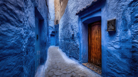 An alleyway is depicted with vibrant blue walls and wooden doors, creating a strong visual contrast. The composition showcases a narrow space, with textured stone walls. The scene suggests an outdoor setting. This image could be utilized for architectural design, travel, or background visuals.の素材