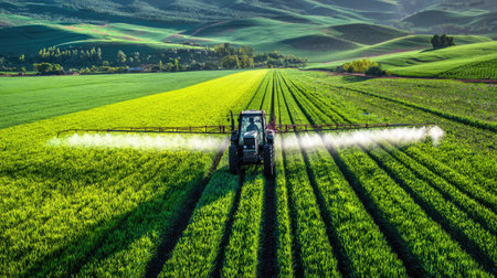 An agricultural tractor sprays crops in a large field under bright sunlight. The image presents rows of green crops, with the tractor at the center. The overall composition displays a landscape with a sense of open space and natural beauty. This image is suitable for various commercial and editorial applications related to farming.の素材