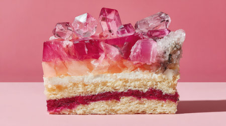 This image features a colorful layered dessert with an interesting crystal topping. The dessert displays shades of pink, red, and white against a plain pink backdrop. The composition is clean, with soft lighting. This image is suitable for a variety of commercial applications, including advertising and editorial content.の素材