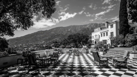 A black and white photograph shows a building with a checkered floor patio. Trees and mountain peaks are visible in the background. The composition features strong contrast and shadows. It may be suitable for architectural, travel, or promotional purposes.の素材