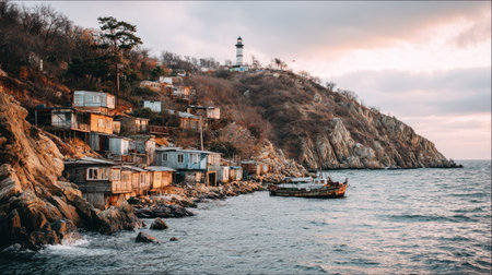 A small coastal village nestles on a cliffside, featuring houses and a lighthouse. The image displays calm sea, and a boat. The scene is lit with soft sunlight during the sunset, producing an atmospheric, tranquil environment. Suitable for commercial and editorial use, the image conveys a sense of remoteness.の素材