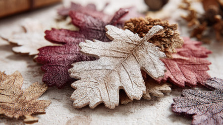 An overhead shot captures a collection of textured, autumn-colored leaves, showcasing shades of red, brown, and off-white. The detailed composition, set against a blurred backdrop, displays natural light and suggests an indoor setting. Suitable for various commercial applications, including seasonal themes and decorative projects.の素材