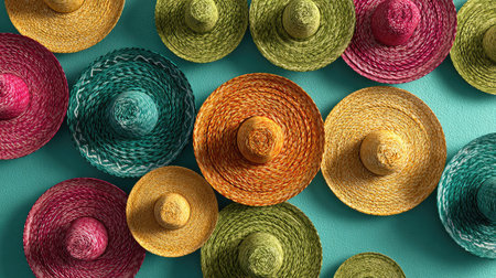 Overhead view shows a vibrant collection of woven hats. The hats are arranged against a teal background and exhibit a variety of bright colors. The composition presents a textural display. The image could be suitable for decorative purposes or used to illustrate fashion or cultural concepts.の素材