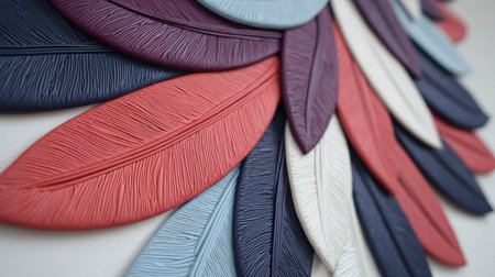This image showcases a collection of handcrafted clay feathers arranged in a circular composition. The feathers display a variety of colors, including shades of blue, red, purple, and white. The close-up perspective emphasizes texture and form. This image could be used in various projects, from print materials to online content.の素材
