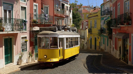 A vintage yellow trolley car travels along a curving cobblestone street, passing buildings with diverse architectural styles. The scene displays various colors and textures, under natural daylight. This image is suitable for illustrating transportation, urban environments, or travel-related themes in various commercial applications.の素材