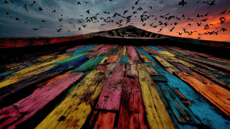 A wooden boat deck is presented with vibrant, multicolored planks leading towards a horizon of dark clouds and a fiery sunset. Numerous birds are silhouetted against the dramatic sky. The image utilizes dynamic lighting and a unique perspective. It could be used for artistic, decorative, or conceptual purposes.の素材