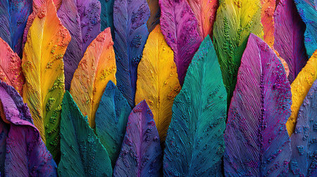 An overhead view displays numerous feathers in vivid colors. The composition showcases an assortment of hues, from deep blues and purples to vibrant yellows and oranges. The textures appear soft and detailed, possibly implying artistic craftsmanship. Suitable for diverse projects, this image can be used across many creative purposes.の素材