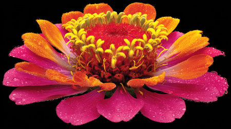 This macro shot showcases a Zinnia flower's intricate details against a stark black background. The flower displays layers of pink, orange, and yellow petals, with a textured center. Dew drops add a touch of freshness, while the lighting highlights the flower's natural beauty. Suitable for various commercial and editorial purposes.の素材
