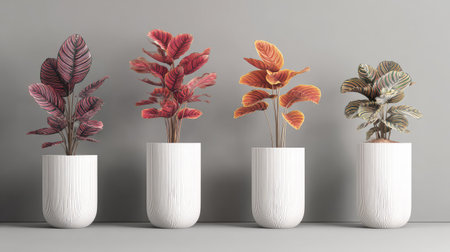 Four potted plants stand against a plain backdrop. The plants showcase vibrant foliage in shades of red, orange, and green. They are in simple white cylindrical pots. This image uses a studio-style setup with even lighting. Suitable for various design and decorative uses, as well as conceptual presentations.の素材