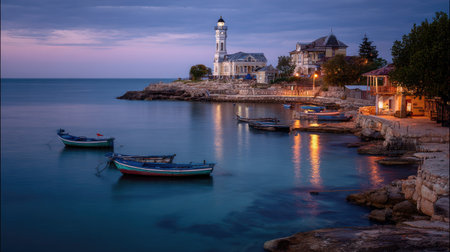 This photograph depicts a coastal landscape during twilight. The scene includes a lighthouse, several buildings, and small boats floating in the calm water. The composition utilizes soft lighting, with cool colors dominating the sky and water. Potential uses include travel and tourism promotions, or general illustration purposes.の素材