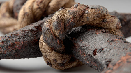 A macro shot presents a length of weathered rope intricately knotted around a corroded metal fixture. The image displays rough textures with muted brown and gray tones under diffuse lighting. The composition highlights detail suitable for illustrating themes of age, history, or deterioration for a range of design projects.の素材