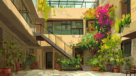 This illustration presents a stylized view of an exterior courtyard. The scene features architectural elements with textures, complemented by vibrant green and pink foliage. Sunlight streams through the space, illuminating the scene. Suitable for various applications, including editorial content and commercial projects requiring an artistic, warm atmosphere.の素材