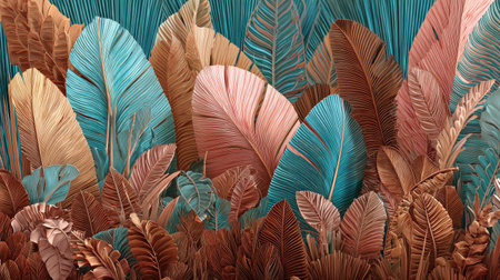 A vibrant artistic illustration features various tropical leaves in diverse sizes and colors. The artwork showcases shades of teal, brown, and rose, with intricate textures and patterns. The composition suggests a stylized natural environment, suitable for decorative purposes, graphic design, or commercial applications.の素材
