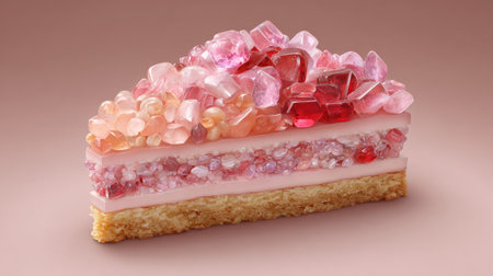 A slice of cake features pink layers and a topping of colorful, crystalline candies. The dessert sits against a soft pink backdrop, illuminated with even lighting. This image could be used in commercial projects or editorial features related to food, celebrations, or culinary arts.の素材