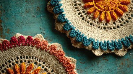 This close-up showcases two handmade doilies, featuring intricate lace-like designs and vibrant floral motifs. The textures and patterns are highlighted against a surface. The image suggests a decorative craft or artistic project, suitable for various editorial and commercial applications, including textiles or handmade goods.の素材