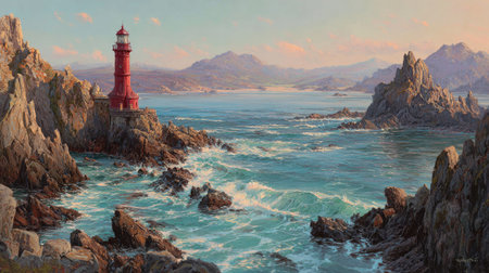 A vibrant painting depicts a red lighthouse perched on a rocky outcrop, overlooking a turquoise sea. The artwork features a picturesque landscape with rugged cliffs and rolling mountains under a serene sky. The style presents detailed textures and a sense of calm, suitable for various editorial and commercial uses.の素材