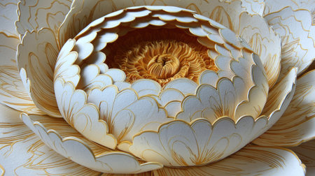 An eye-level close-up presents a sculpted flower with white petals and golden details. The composition highlights the texture and shape of the bloom. The lighting suggests a studio setting, focusing on the flower's intricate design. It could be used in various design projects or as a decorative element.の素材