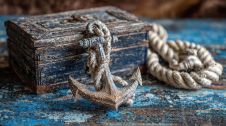 An antique anchor with rope rests on a distressed wooden surface beside a vintage chest. The composition features a shallow depth of field with the focus on the anchor. The lighting suggests a daytime environment, highlighting textures and colors. Suitable for commercial design projects or editorial illustrations.の素材