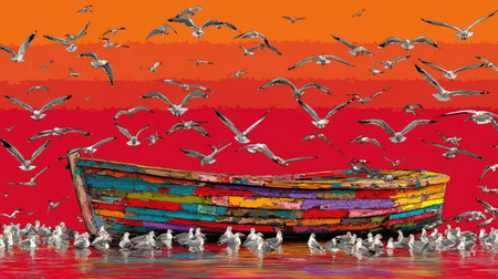 A colorful boat is depicted with a multitude of seagulls in flight and standing. The image displays a warm color palette dominated by red and orange hues, evoking feelings of freedom and movement. The composition suggests a coastal environment, potentially suitable for various commercial or editorial applications.の素材
