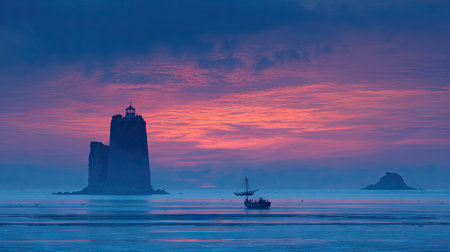 A lighthouse and a small boat are silhouetted against a vibrant twilight sky. The color palette includes shades of blue, purple, and orange, creating a serene and dramatic atmosphere. The scene evokes a sense of isolation, with the calm water reflecting the colorful sky. Suitable for various commercial and editorial projects.の素材