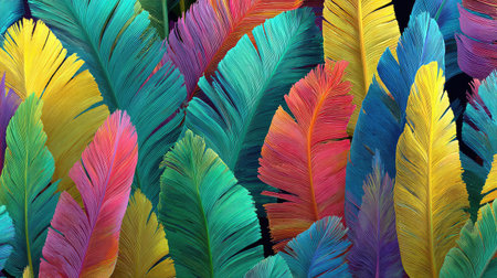 The image showcases a collection of vividly colored feathers arranged to create a visually rich display. These feathers exhibit a range of hues including green, yellow, red, and purple. The composition employs a close-up perspective, highlighting the textures and details. Suitable for creative projects and illustrative purposes.の素材