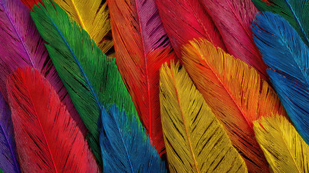 This image presents a close-up view of numerous feathers, displaying a spectrum of bright colors. The texture of the feathers and their overlapping arrangement create a rich pattern. The scene is well-lit, highlighting the detail and vibrancy, and suitable for various design projects and visual content.の素材