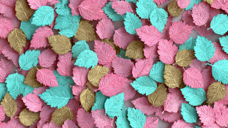 An overhead view showcases a collection of leaves in varied colors. Pink, gold, and teal leaves create a visually interesting display. The composition uses a pattern that lends itself to design projects. This image could be used for commercial art or decorative purposes.の素材