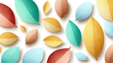 An abstract design showcases a collection of colorful paper leaves. The illustration uses a bright and soft color palette. The composition is arranged on a white background. This imagery is suitable for use in diverse commercial and editorial applications.の素材