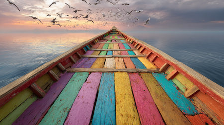 A vibrant wooden boat with multi-colored planks floats on calm water under a colorful sky. Birds are seen flying above the horizon. The image displays a natural outdoor environment, showcasing a visually appealing composition. Suitable for various commercial applications, including advertising and editorial content.の素材