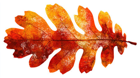 This vibrant illustration showcases a single oak leaf, exhibiting a spectrum of warm colors from reds and oranges to yellows. The textured appearance and detailed veins create a natural feel. Isolated on a white background, it suggests possibilities for various designs. It is suited for projects related to nature or seasonal themes.の素材