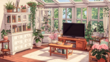 A sun-drenched interior displays a living area with a television and wooden furniture. Various potted plants and decorative items enhance the indoor scene. Soft colors and sunlight create a relaxing ambiance within the enclosed space, suitable for diverse editorial and commercial applications.の素材