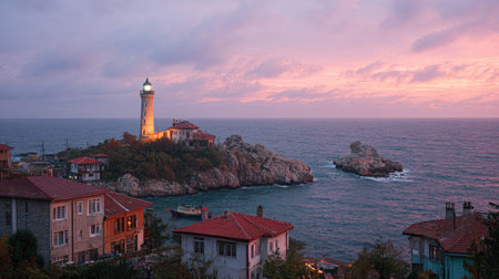 A scenic landscape features a prominent lighthouse atop a rocky island, illuminated by a bright light. Surrounding the structure are residential buildings with red tiled roofs. The scene is bathed in the soft hues of twilight, with a colorful sky. This image could be suitable for travel and architectural projects.の素材