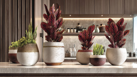 The image showcases various potted plants arranged on a countertop. The plants feature lush, burgundy and green foliage. The scene is characterized by a modern interior design with neutral tones, wooden elements and diffused lighting. Suitable for interior design, home decor and lifestyle content.の素材