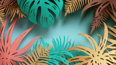 This image presents an array of tropical leaves crafted from layered paper, exhibiting a vibrant color palette of coral, teal, and gold. The leaves are arranged against a soft turquoise background, creating a depth effect. Suitable for various uses including advertising, design projects, and decorative purposes. The composition uses a vibrant color palette.の素材