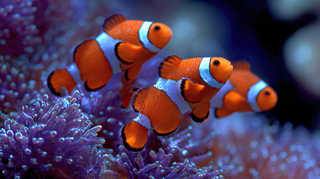 Several clownfish swim amidst purple and pink coral formations, creating a colorful underwater scene. The image features bright orange and white fish, contrasted against the textured coral and a blurred blue background. This could be used to illustrate marine biology, environmental topics, or aquatic ecosystems in various media.の素材