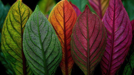 An eye-level close-up showcases several leaves in a spectrum of colors, from green to red. The detailed veins create a textured surface, contrasting against the smooth background. This image, captured in natural daylight, could be used in various commercial projects and editorial content.の素材