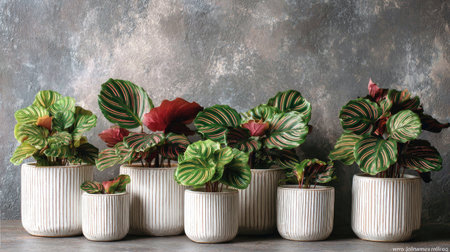 This image presents a grouping of potted plants, showcasing a variety of textures and colors. The plants, featuring green and red foliage, are set against a textured gray backdrop. The composition highlights the plants, suitable for various commercial applications, including editorial and design projects.の素材