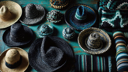 An overhead view showcases a diverse collection of hats, each with unique designs and textures. The composition includes hats of different colors and patterns, arranged on a textured surface. Suitable for design, fashion, and lifestyle projects, this image could be used in various promotional materials.の素材