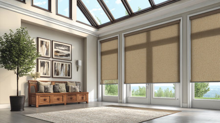 An indoor scene showcases a bright living space with several large windows. Neutral-toned blinds partially cover the glass, allowing sunlight to filter into the room. The composition includes artwork, seating, and a potted tree, suggesting a comfortable domestic context. This image may be suitable for home decor or lifestyle content.の素材