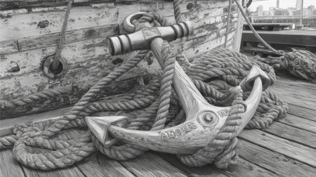 This grayscale image depicts an anchor and coiled ropes resting on a weathered wooden deck. The composition highlights the texture of the ropes and wood, and the metallic sheen of the anchor. The lighting suggests an outdoor setting, perhaps near a harbor or dock. This image could be used for various commercial or editorial projects.の素材